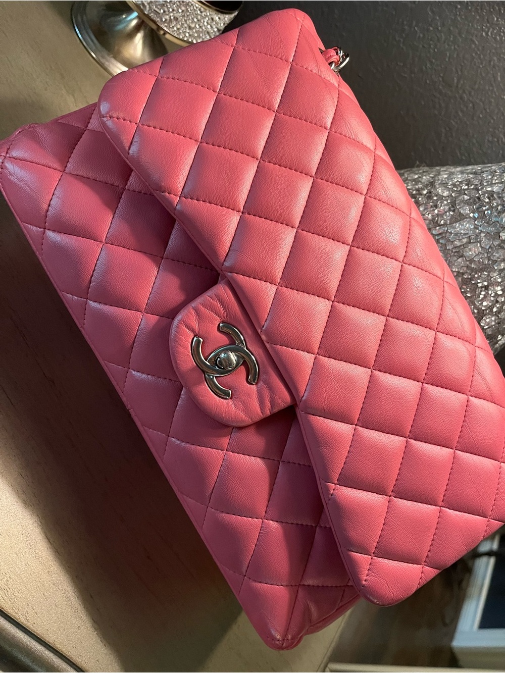 CHANEL Jumbo Quilted Double Flap Shoulder Bag in Hot Pink with Silver Hardware - Picture 12 of 13